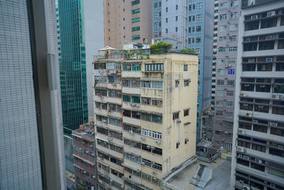 High angle view of modern buildings in city