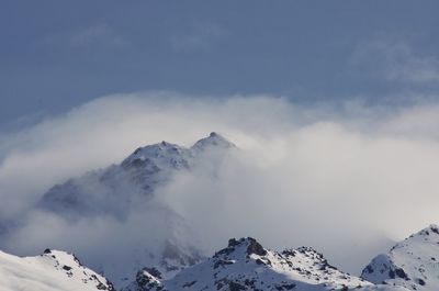 Scenic view of snow covered mountains against sky