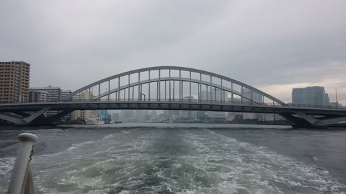 Bridge over river with city in background