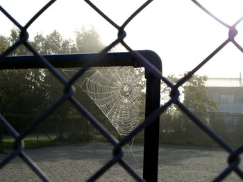 Close-up of barbed wire fence against sky