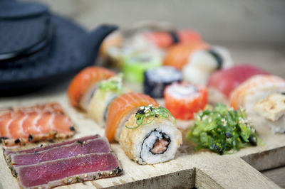 Close-up of sushi served on table