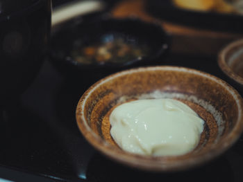 High angle view of soup in bowl