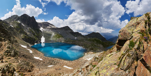 Panoramic view of lake and mountains against sky