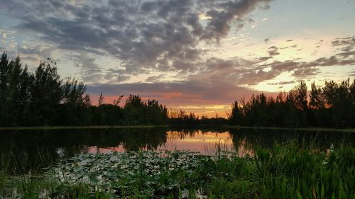 Scenic view of lake against cloudy sky