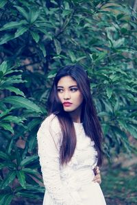 Young beautiful woman standing by tree branches