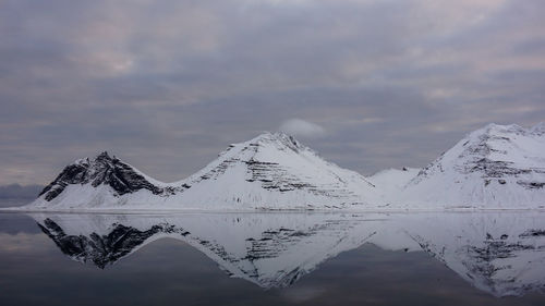 Scenic view of lake by snowcapped mountains against sky