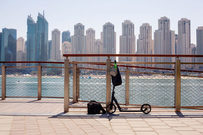 Man with dog on railing in city against sky