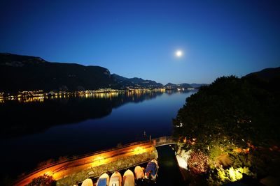 Panoramic view of lake against clear sky at night