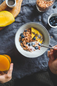 High angle view of breakfast on table