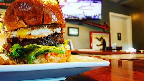 Close-up of burger on table