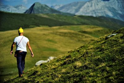 Rear view of man walking on landscape