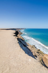 Scenic view of beach against clear blue sky