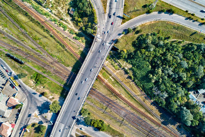 Aerial view of bridge over railroad tracks