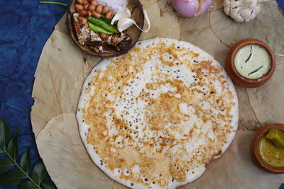 High angle view of breakfast served on table