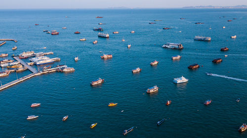 High angle view of sea against blue sky