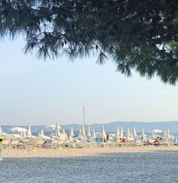 Sailboats moored on beach against sky