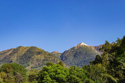 Scenic view of mountains against clear blue sky