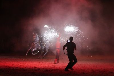 People watching firework display at night