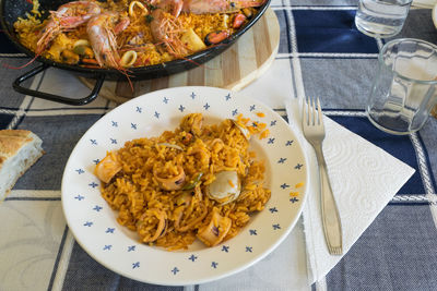 Dish of seafood paella