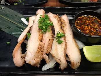 High angle view of food served in plate