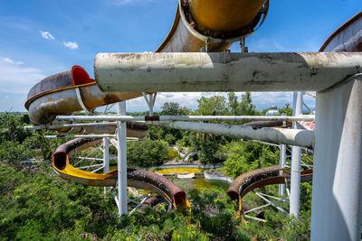 Close-up of machinery on field against sky