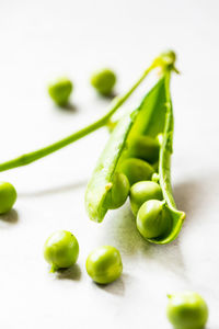 High angle view of green peas against white background