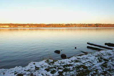 Scenic view of lake against clear sky