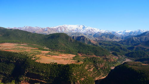 Scenic view of mountains against clear blue sky