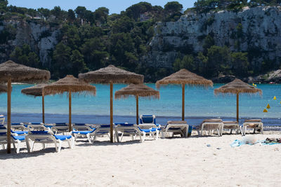 Chairs on beach by sea against trees