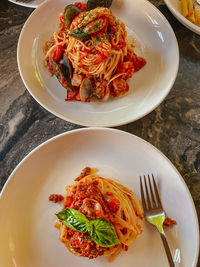 High angle view of food in plate on table