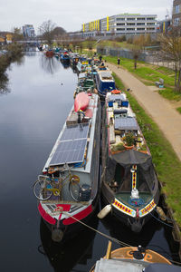 Canal boats moored at hackney wick on the hertford union canal