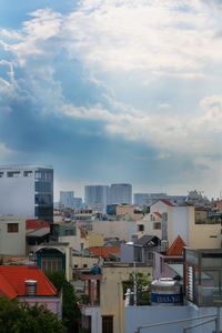 High angle view of buildings against sky