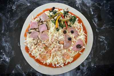 High angle view of pizza in plate