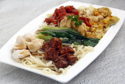 High angle view of food in plate on table