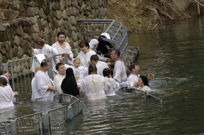 High angle view of people in river jordan