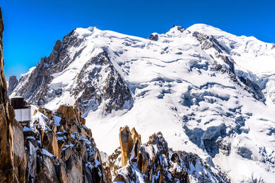 Scenic view of snowcapped mountains against clear sky