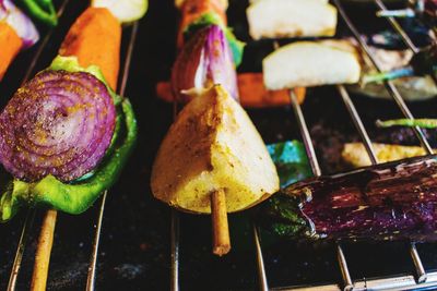 High angle view of vegetables on barbecue grill