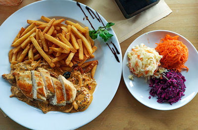 High angle view of food served on table