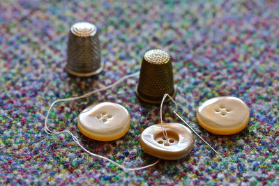 High angle view of objects on table