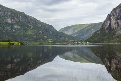 Scenic view of lake and mountains against sky