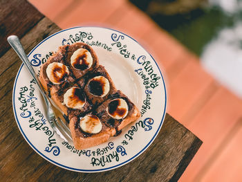 High angle view of food in plate on table