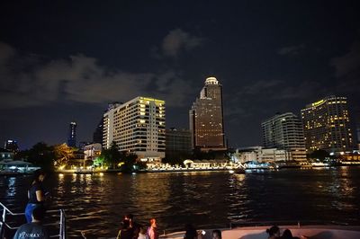 View of city lit up at night