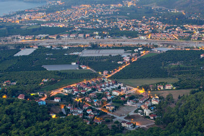 High angle view of buildings in town