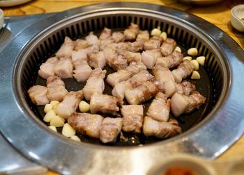 High angle view of meat in cooking pan