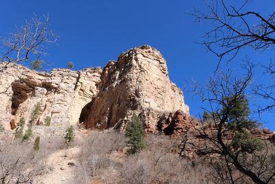 Bare trees on mountain against clear blue sky