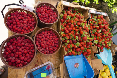 High angle view of fruits for sale in market