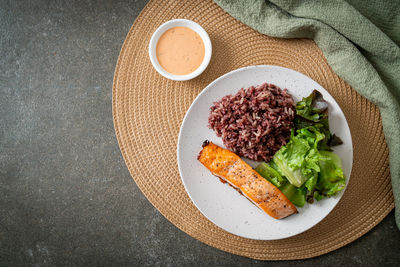 High angle view of food in plate on table