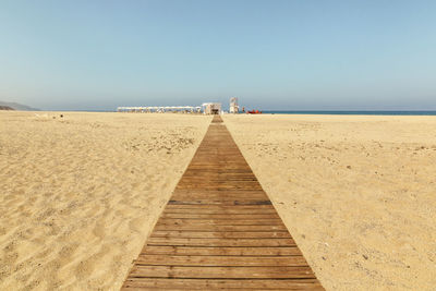 Surface level of empty beach against clear sky