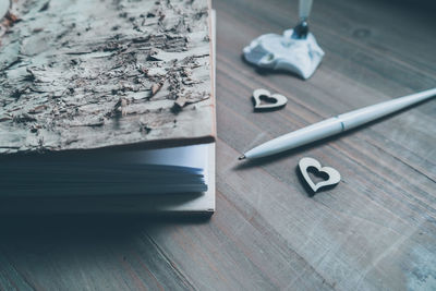 High angle view of paper on table