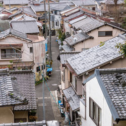 High angle view of houses in city